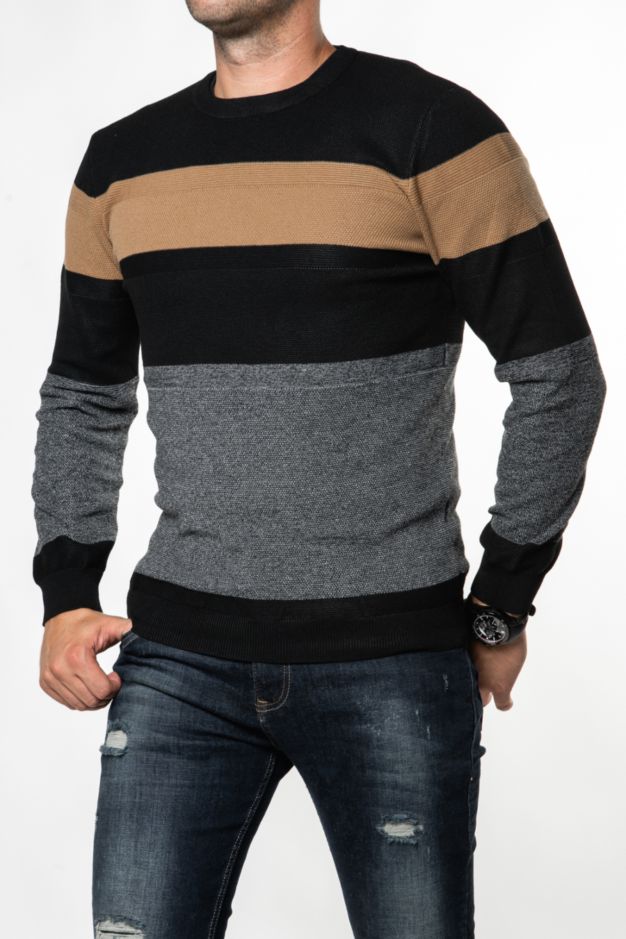 Moški pulover JH-3235, ćrn-rjav